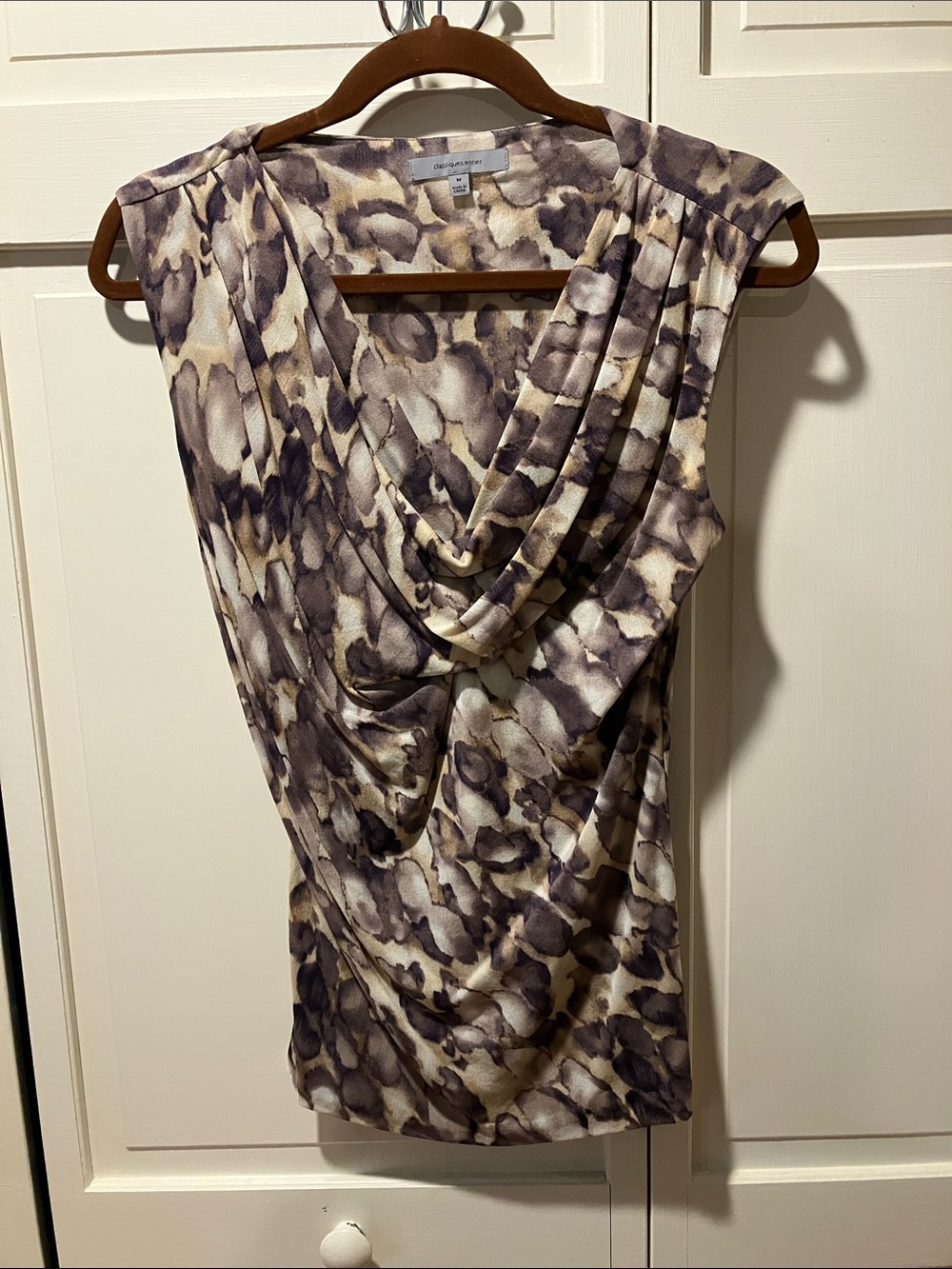 Classiques Entier Sleeveless Cowl Neck Printed Blouse in Taupe, Purple and Cream